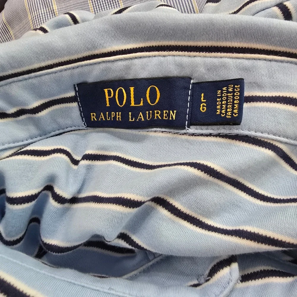 Polo Ralph Lauren Mens Large Blue Striped Short‎ Sleeve Cotton Polo Shirt L